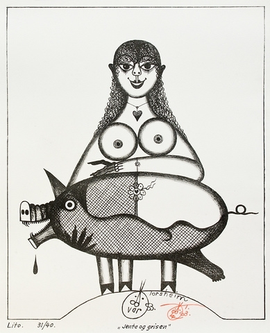Jenta og grisen, Oddvar Torsheim. Fotograf: Ukjent